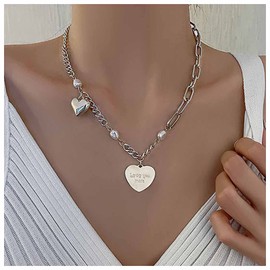 Inilbran Boho Letter Heart Pearl Choker Necklace Puffy Heart Pearl Pendant Necklace Vintage Heart Paper Clip Chain Necklace Silver Pearl Heart Thick Chain Necklace Jewellery for Women and Girls