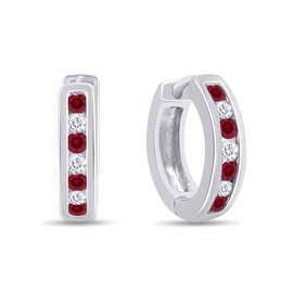Huggie Earrings for Women, 14K White Gold Over Sterling Silver Hoop Earrings with Simulated Ruby and White Cubic Zirconia, Dainty Elegant Jewelry Gift