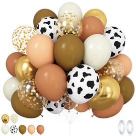 Western Balloons - 12 Inch Brown Nude Gold Confetti Cow Print Latex Cowboy Balloons (Pack of 60) | Vibrant Colors, for Farm Cowboy Western Baby Shower Birthday Party Decorations