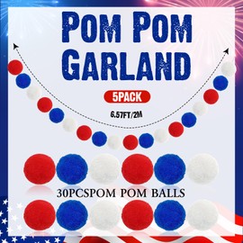 5 Pack Red White Blue Pom Pom Garland, Independence Day Felt Ball Garlands, 30 Balls Pompom String for Independence Day 4th of July Nautical Theme Birthday Graduation Baby Shower Decoration