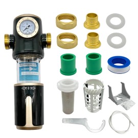 High Flow 40 Micron Spin Down Sediment Filter with Pressure Gauge, 3/4 Inch Brass NPT & PPR 20-25 Adapters, Rotatable Self-Cleaning Flush Scraper with Timer Mark, Includes 60cm Outlet Hose