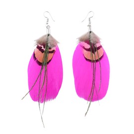 Alilang Neon Hot Pink Brown Boho Retro Feather Dangle Drop Hook Earrings