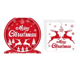 40PCS Christmas Paper Plates and Napkins, 9 Inch Reindeer Dinner Plates Set Disposable Scalloped Party Plates, Red and White Party Supplies Dinnerware Set For Merry Christmas Holiday Celebration