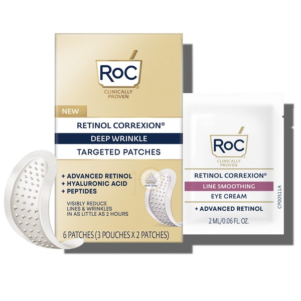 RoC Retinol Correxion Deep Wrinkle Non-Invasive Targeted Patches with Hyaluronic Acid + Firming Peptides for Forehead and Between Eyes, 3 Pouches of 2 Patches Each + 1 Packette of Eye Cream