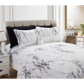 Elegant Comfort Eloise Marble Printed 4-Piece Sheet Set, 1500 Premium Hotel Quality Microfiber, Soft, Wrinkle and Fade Resistant, Fitted Sheets with Smart Pockets, Marble Sheet Set, Twin XL, White