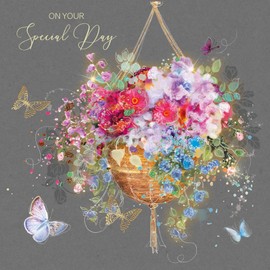 Cherry Orchard Female Special Day Birthday Card - Flowers Hanging Basket Butterflies