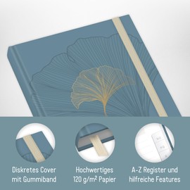 paper&you® Password Book A6+ with A-Z Index "Blue Ginkgo" for 320 Access Data, Password Manager Small, Password Book German - Sustainable and Climate Friendly