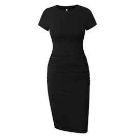 Missufe Women's Ruched Bodycon Sundress Knee Length Sheath Casual T Shirt Dress (Black, Large)