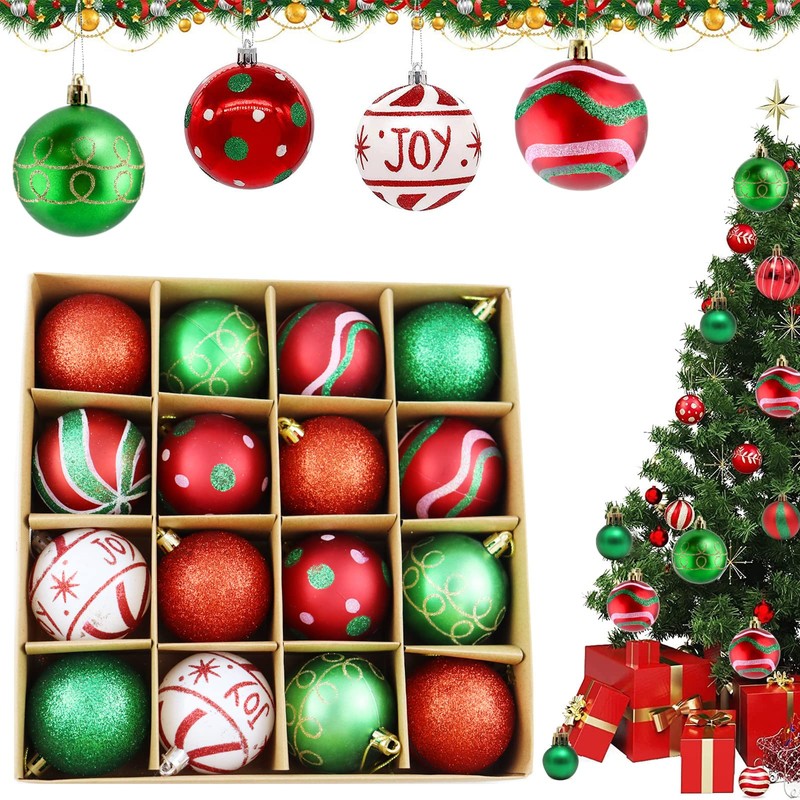 Unbreakable Christmas Baubles, Pack of 16, Plastic Christmas Tree Ornaments,