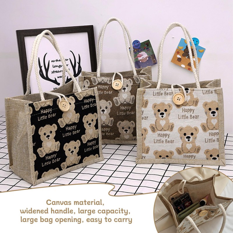 HINFHI 3 Pieces Cartoon Bear Tote Bag, Cute Storage Bag,