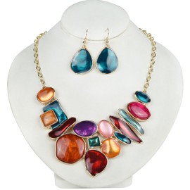 Fenni Vintage Colorful Crystal Bubble Chunky Statement Necklace Earrings Set Wedding Party Jewelry (Multicolor)