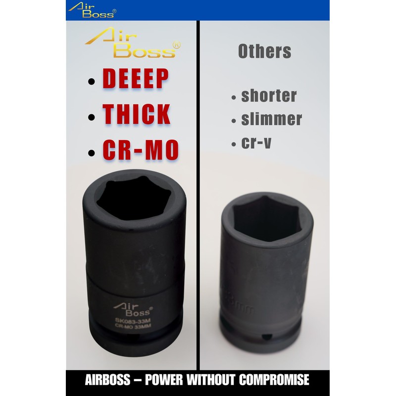 AirBoss 33MM 1" Drive CR-MO Steel DEEP 6 Point, Radius