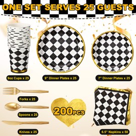 Tioncy 200 Pcs Black and White Checkered Party Supplies Serve 25 Disposable Tableware Set Plates Forks Napkins Cups Knives Spoons for Racing Car Birthday Wedding Party(Rhombus Check)