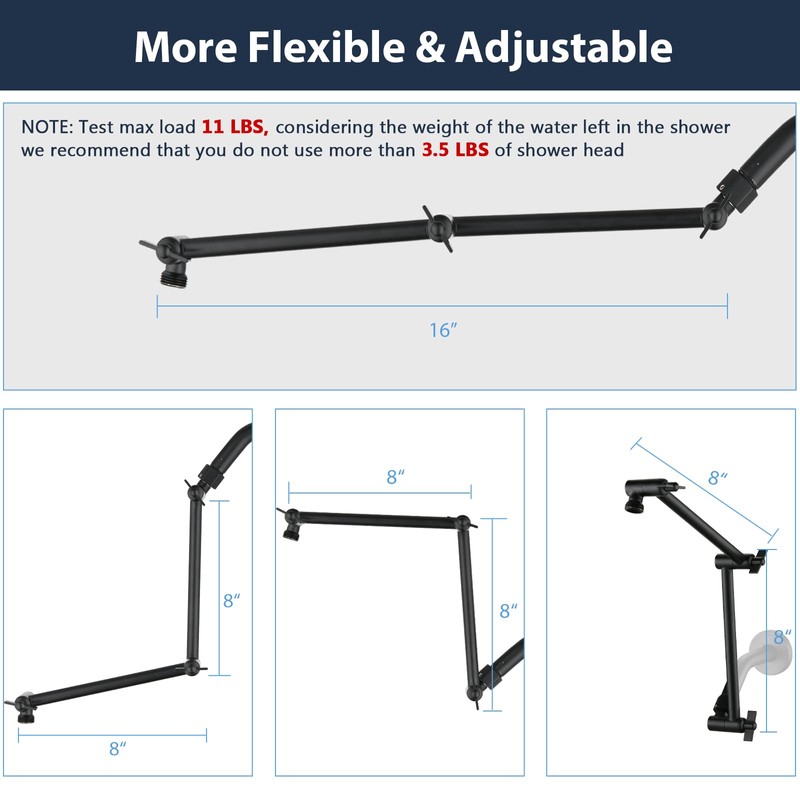 PDPBath Shower Extension Arm, 16" Upgrade Solid Brass Shower Head