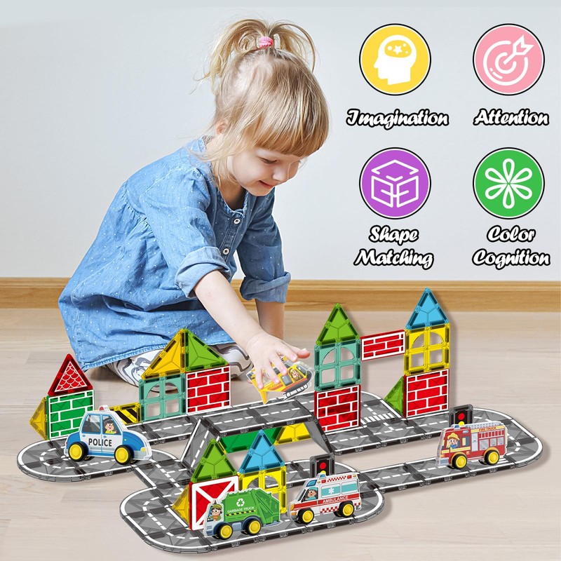 Oriate City Road Set Magnetic Tiles, Rolling Rescue Toy Cars