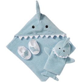 Baby Shark 4-Piece Bath Set - Cotton Hooded Towel Bathrobe, Slippers & Bathing Mitt - Soft Beach Newborn Towels, Babies Bath Essentials, Newborn Baby Boy Gift, Shark-Themed Shower Gift