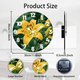CHGCRAFT Yellow Lilies Pattern Wall Clock 12 Inch Non-Ticking Clocks Round Wall Hanging Clock Battery Operated for Bedroom Living Room Kitchen Office