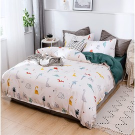 Koudi Dino Bed Linen 140 x 200 cm 2-Piece Boys Girls Bed Linen Cartoon Dinosaur Pattern Reversible Bed Linen 100% Microfibre Children's Duvet Cover with Pillowcase 70 x 90 cm
