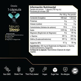 Complejo Relajante Para El Sueno, 200 Capsulas, Bisglicinato De Magnesio, L-Teanina, Apigenina, Sin Melatonina, 750 mg, Sueno Profundo, Relajacion