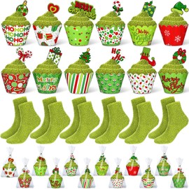 Suhine 24 Pairs Christmas Cupcake Socks Fuzzy Socks for Women and Girls DIY Gift Winter Warm Slipper Soft Fluffy Socks with Gift Boxes