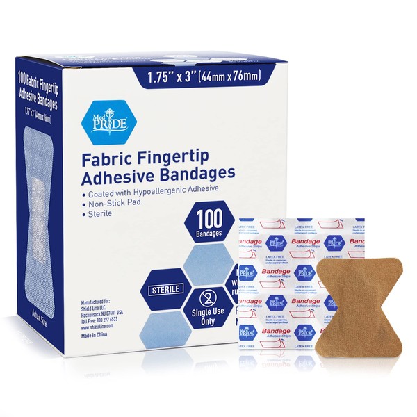 MED PRIDE Sterile Fabric Fingertip Adhesive Bandages 1.75'' x 3'' [100 Count]- First Aid Finger Bandages Coated with Hypoallergenic Adhesive- Latex-Rubber Free Wound Care Bandages- Individual Wrapped