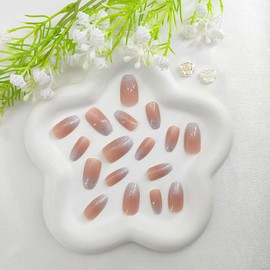 Coffin Press on Nails Short Fake Nails Silver Glitter French Tip Nails Press ons Nude Acrylic Nails Simple Glue on Nails Daily Wear Natural False Nails Artificial Stick on Nails for Women 24Pcs