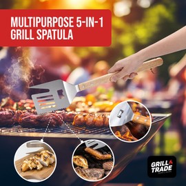 Grill Trade 5-in-1 Grill Spatula with Knife, Fork, Tenderizer, Bottle Opener, and Turner BBQ Tool - Multifunction with Wooden Handle-Ergonomic Cooking Tool for Outdoor Grilling, Flipping, Cutting-19''