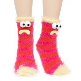 Coral Velvet Cartoon Monster Funny Socks for Women Girls, 3D Novelty Face Socks Floor Socks, Thick Socks Winter Warm (US, Alpha, One Size, Regular, Regular, Red)