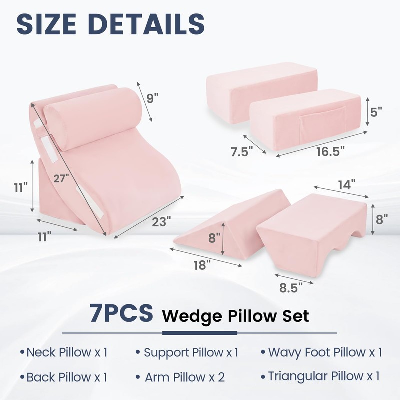WSOFRALC 7PCS Orthopedic Bed Wedge Pillow Set for Sleeping