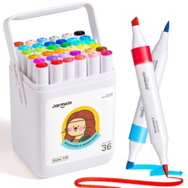 Jar Melo Washable Dual Tip Markers for Kids Ages 8-12, Brush & Chisel Tip, Water-Based Coloring Markers, Double-Tipped 36 Colors Marker Set with Storage Case, School Art Supplies for Boys & Girls