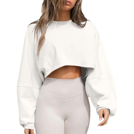 Tankaneo Womens Long Ballon Sleeve Sweatshirts Tops Cropped Crew Neck Loose Fit Casual Workout Shirts White