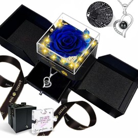 Collar de rosas reales y eternas con diseño de rosas azules para mujeres, su mamá, esposa, novia, en San Valentín, día de la madre con I Love You, 100 idiomas grabados en bloques de