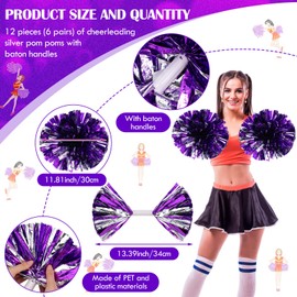 WILLBOND Cheerleading Pom Poms Bulk Metallic Foil Cheerleader with Baton Handle Plastic Ring Cheerleader Pompoms for Spirit Game Sports Dance Cheering Squad Soccer(Purple and Silver,12Pcs)