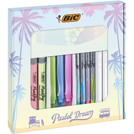 BIC Stationery Set: 4 Ballpoint Pens, 4 Pastel Fineliners, 3 Rollerball Pens, 1 Notepad & 4 Pastel Markers, Pastel Dream