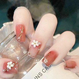 24PCS Spring Press on Nail Short White Camellia Fake Nail Red Gradual Stick on Nails Acrylic Square False Nails with Glitters Pearl Design Fake Artificial Glue on Nails for Women Manicure Decoration