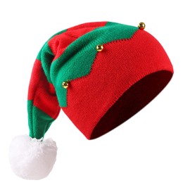 FOIMAS Christmas Knitted Hat, Knitted Christmas Elf Santa Hat with Jingle Bells and Pom Pom for Unisex Adults Xmas Holiday Winter Party Supplies, Red and Green