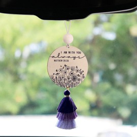 Qpige Christian Car Charm Gifts for Women Men, I am with You Always Rear View Mirror Hanger with Tassel Religious Car Hanging Ornament Accessories(Purple)