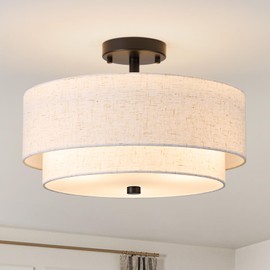 16" Semi Flush Mount Ceiling Light Fixture, Close to Ceiling Light Fixtures with Farmhouse Fabric Linen Shade, Double Drum Black Flush Mount Ceiling Light for Living Room Bedroom Dining Room Kitchen