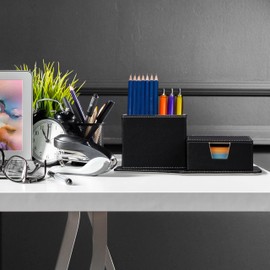 Relaxdays Desk Organiser for Notes and Pens, Tidy, Faux Leather, HBT 9 x 23.5 x 12 cm, Table Butler, Black