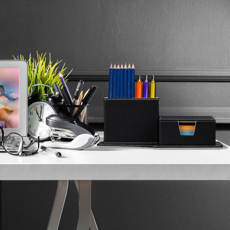 Relaxdays Desk Organiser for Notes and Pens, Tidy, Faux Leather,