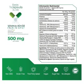 VITAMIN K2+D3 INFINTIY Liposomal 300 capsulas (500mg por porcion) Complejo de Vitaminas K2 (MK4 y MK7) + Vitamina D3 con MCT OIL y Folato, by Eternal Nutrition