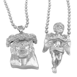 NIV'S BLING Jesus and Angel Pendant Iced CZ with FREE 30" Ball Chain Necklace | 18K White Gold Plated Chains for Men and Women Jewelry Set