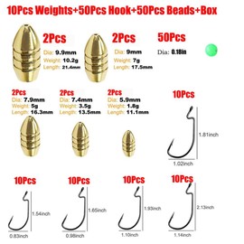 Brass Fishing Weights Kit - 10g 7g 5g 3.5g 1.8g Brass Hollow Sinkers Fishing Copper Weights with Hooks & Luminous Beads, Freshwater Saltwater Fishing Tackle [110PCS]