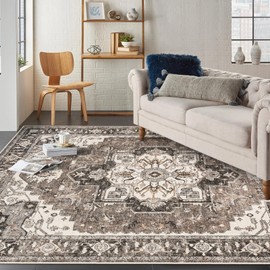 Washable Living Room Area Rug - 5'x7 'Large Bedroom Rug Distressed Oriental Non-Slip Non-Shedding Print Floor Carpet for Dining Room Kitchen (Beige, 5 x 7)
