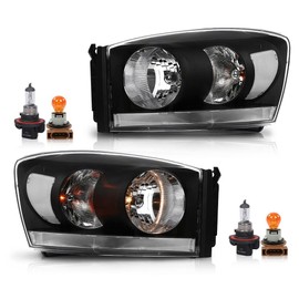 G-PLUS Headlights Assembly w/Bulbs Light Bar Left and Right Side Compatible with Dodge Ram 1500 2006-2008/Fit Dodge Ram 2500 3500 2006-2009 Smoke Lens Black Housing Clear Reflector