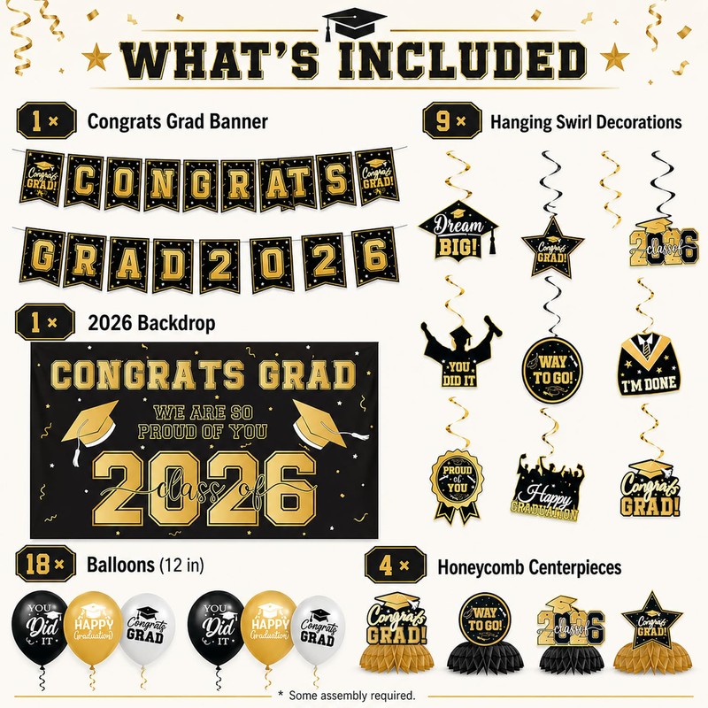 2026 Graduation Decorations Set, Gold and Black Party Supplies -