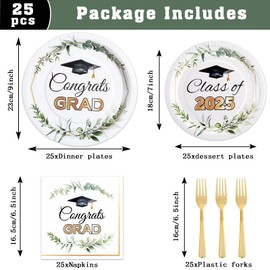Cheery Land 100PCS Sage Graduation Plates Class of 2025 Party Supplies, Black and Gold Graduation Party Plates, Disposable Graduation Paper Plates and Napkins Sets for College Graduation Decorations
