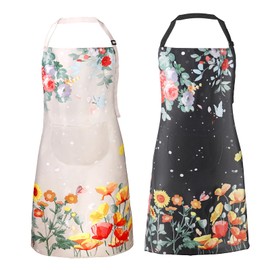 IHFAIO Floral Aprons for Women with Pockets, 2 Pack Waterproof Aprons for Cooking Kitchen Gardening Shop(Multicolor, 26 in*27.5 in)