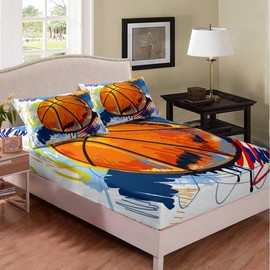 Kids Basketball Fitted Sheet Twin Size Boys Games Sports Theme Bed Cover Youth Graffiti Tie Dye Bedding Set Basketball Sport Bedclothes with 1 Pillow Case Child Room Decor Colorful Orange Blue