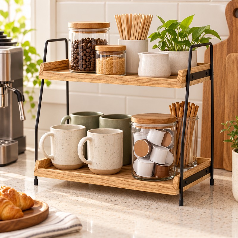 Countertop Organizer for Coffee & Kitchen Essentials – Wooden Storage
